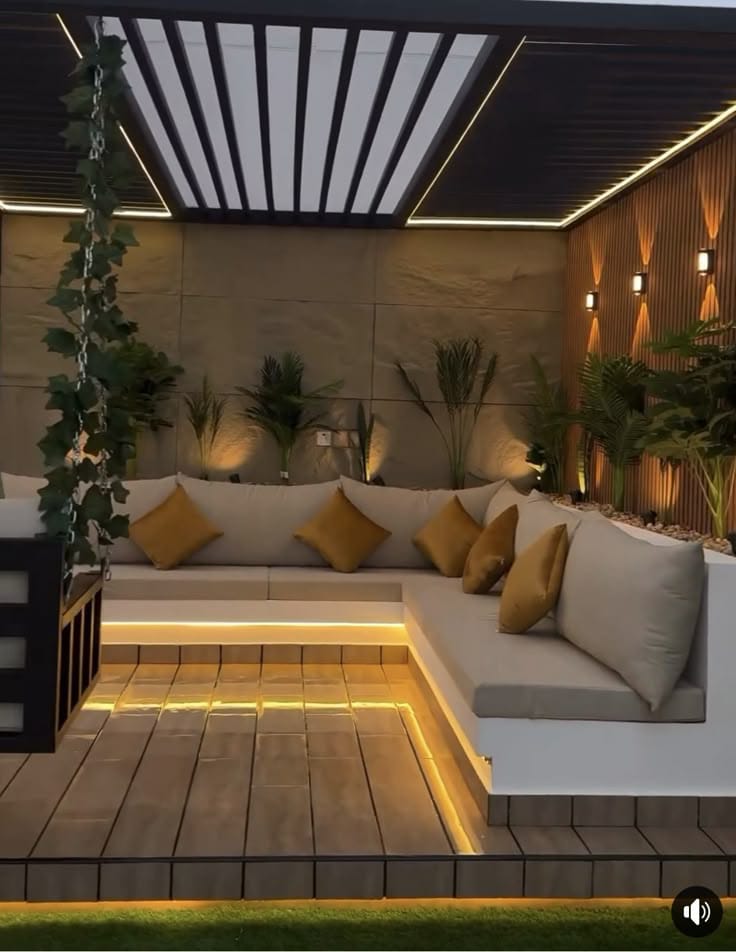 Pérgola iluminada de noche